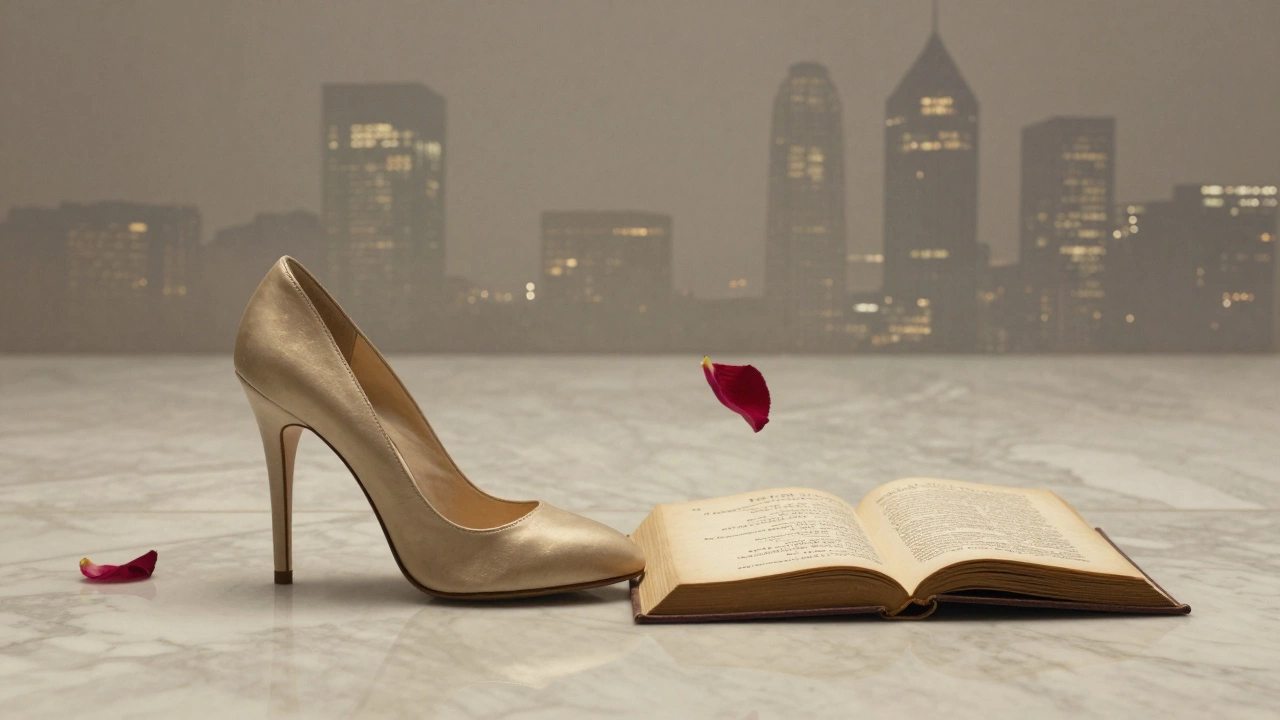 A high-heeled shoe and open Persian poetry book on marble floor with rose petal and fading city lights.