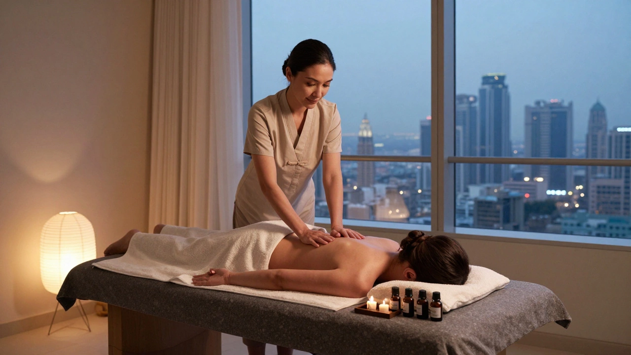 A Thai massage being performed in a serene Dubai apartment with essential oils and skyline view.